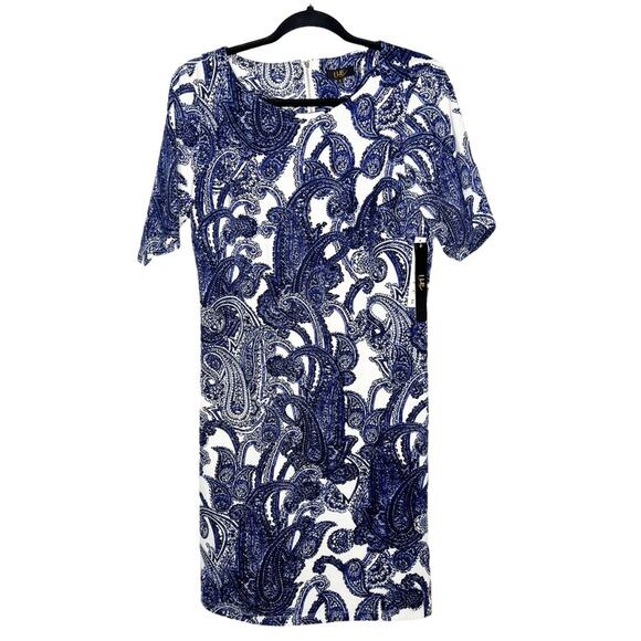 ILE NEW YORK / blue white paisley short sleeve sheath career dress / 8 - Picture 1 of 7